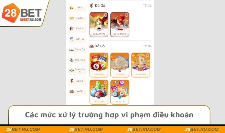 Các mức xử lý trường hợp vi phạm điều khoản sử dụng 28BET