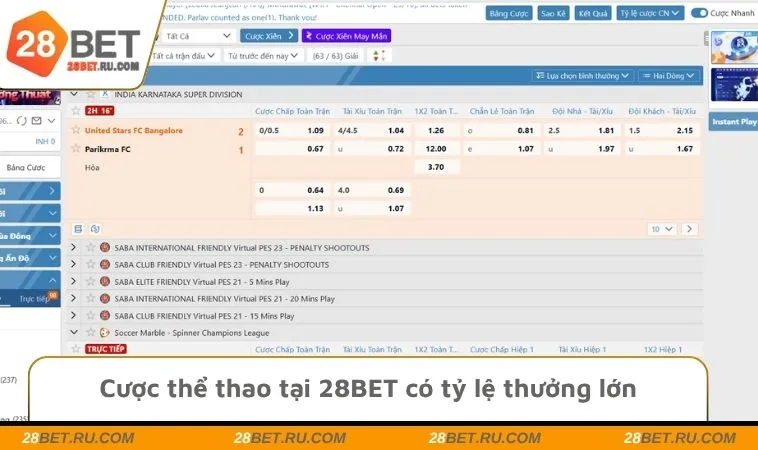Cược thể thao tại 28BET có tỷ lệ thưởng lớn