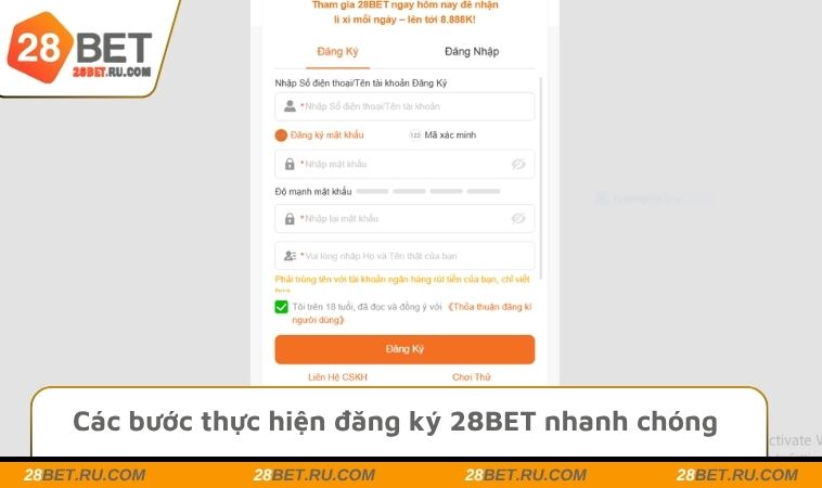 Các bước thực hiện đăng ký 28BET nhanh chóng