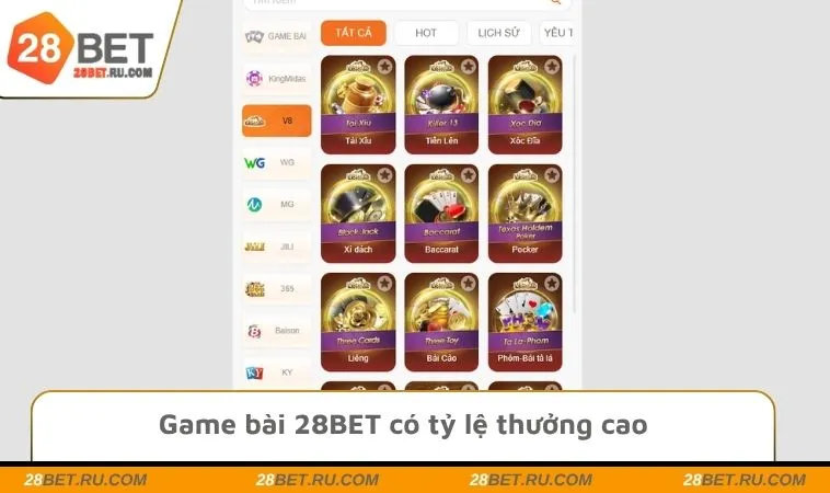 Game bài 28BET có tỷ lệ thưởng cao