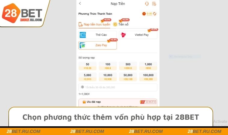 Chọn phương thức thêm vốn phù hợp tại 28BET